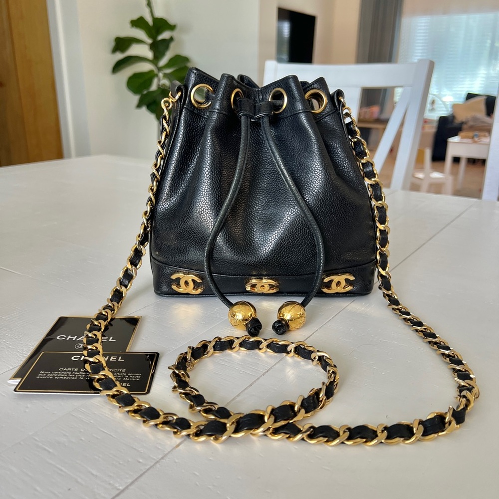 Vintage Chanel Mini Triple CC Bucket Bag in Black Caviar Leather